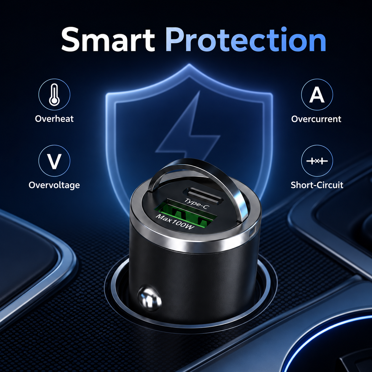 100W Mini Car Charger Dual Ports Pull Ring