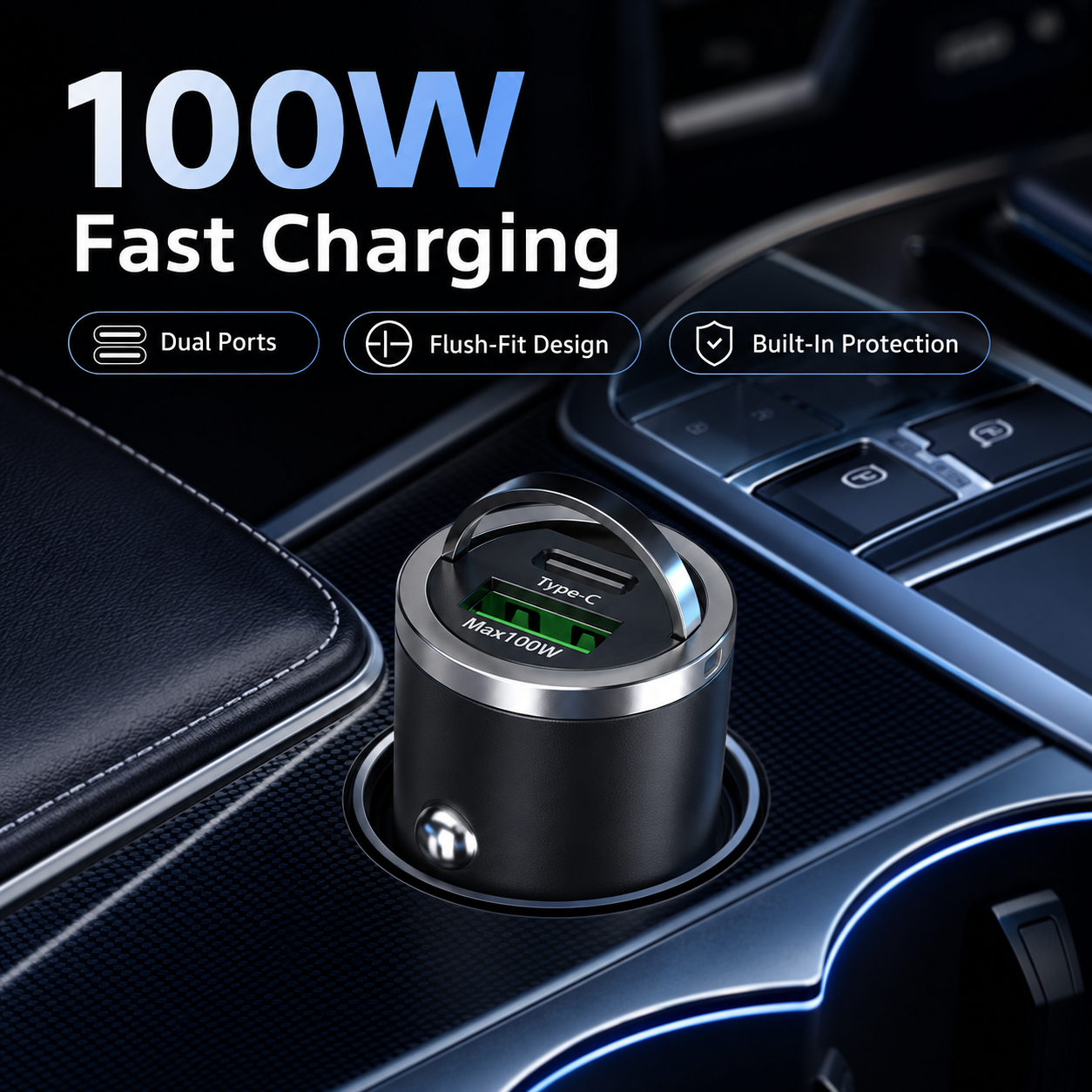 100W Mini Car Charger Dual Ports Pull Ring