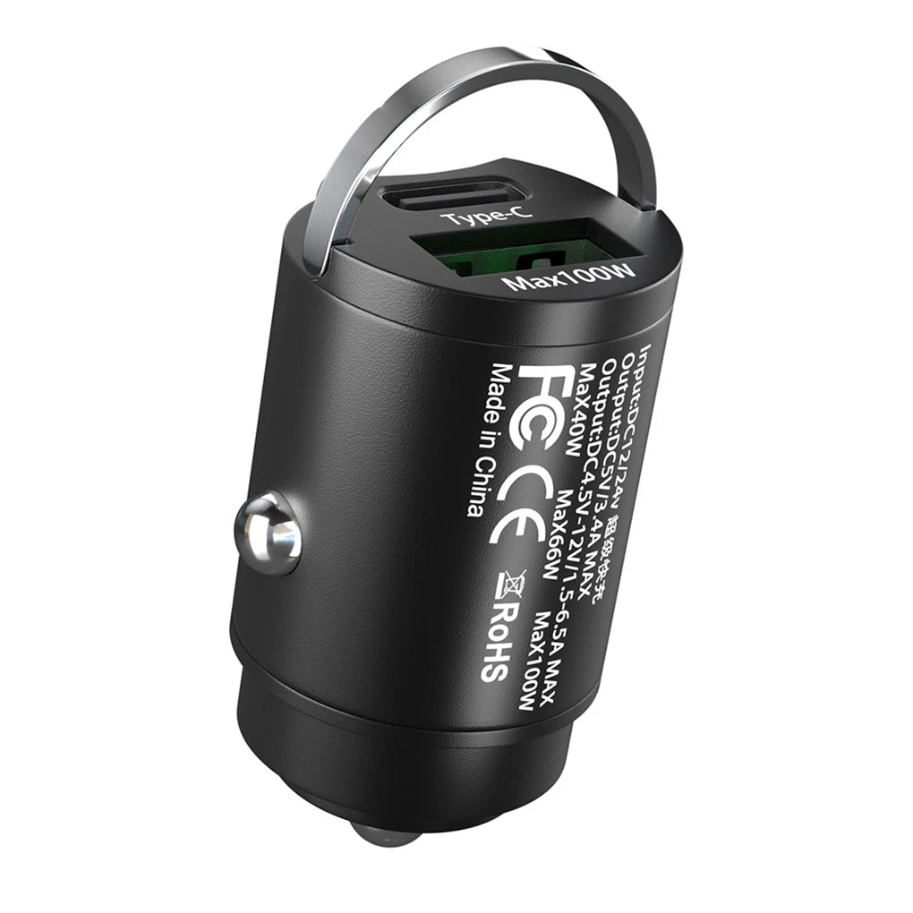 100W Mini Car Charger Dual Ports Pull Ring