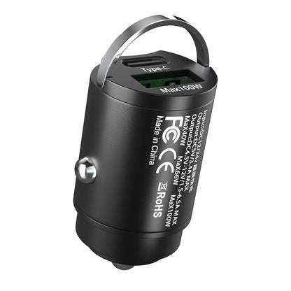 100W Mini Car Charger Dual Ports Pull Ring