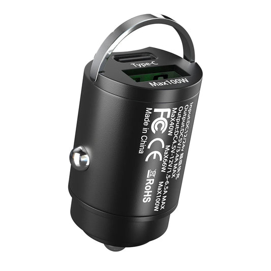 100W Mini Car Charger Dual Ports Pull Ring
