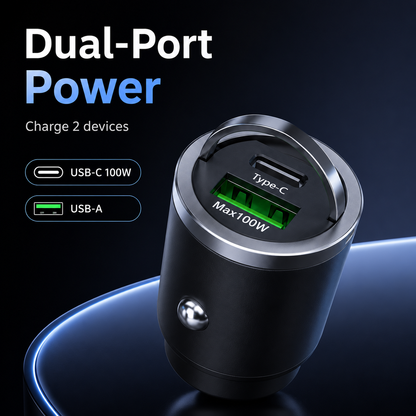 100W Mini Car Charger Dual Ports Pull Ring